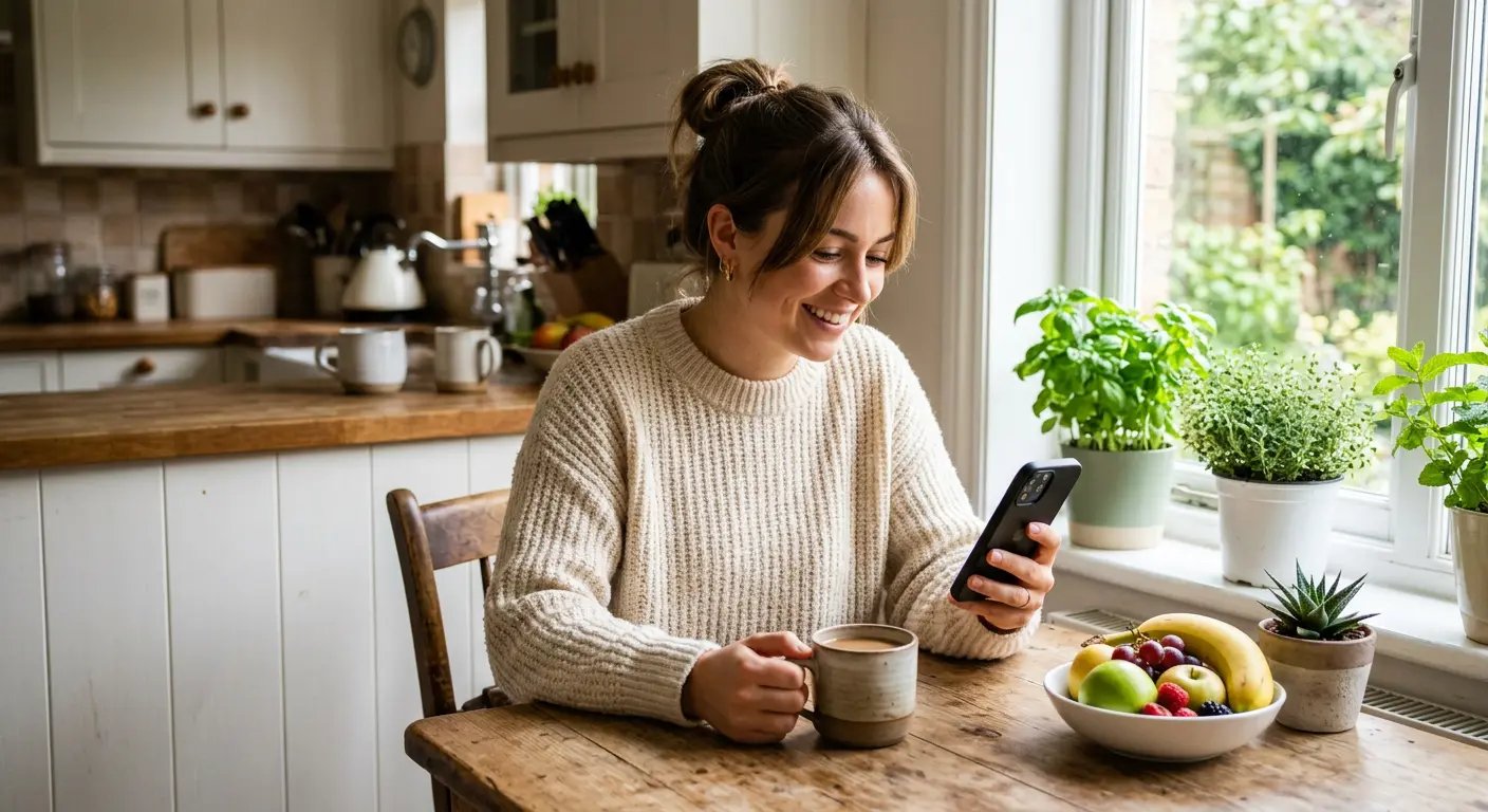 Woman enjoying morning coffee while browsing her phone in a cozy kitchen