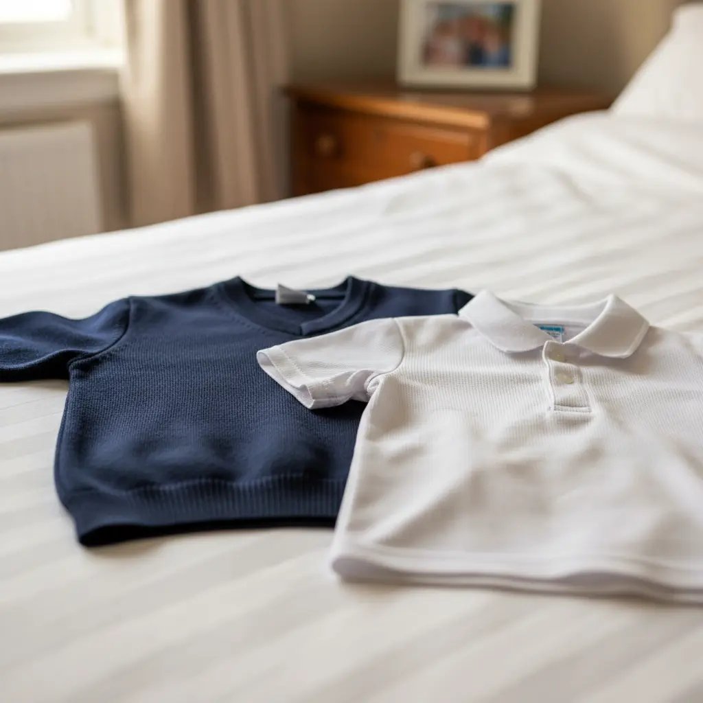 Close-up of a UK child's polyester school uniform showing fabric texture