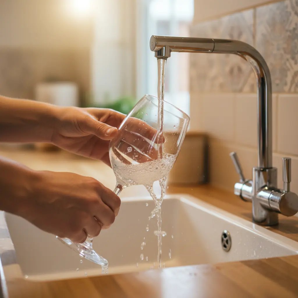 Close-up of hands washing a wine glass under tap water with soap bubbles in a warm UK kitchen