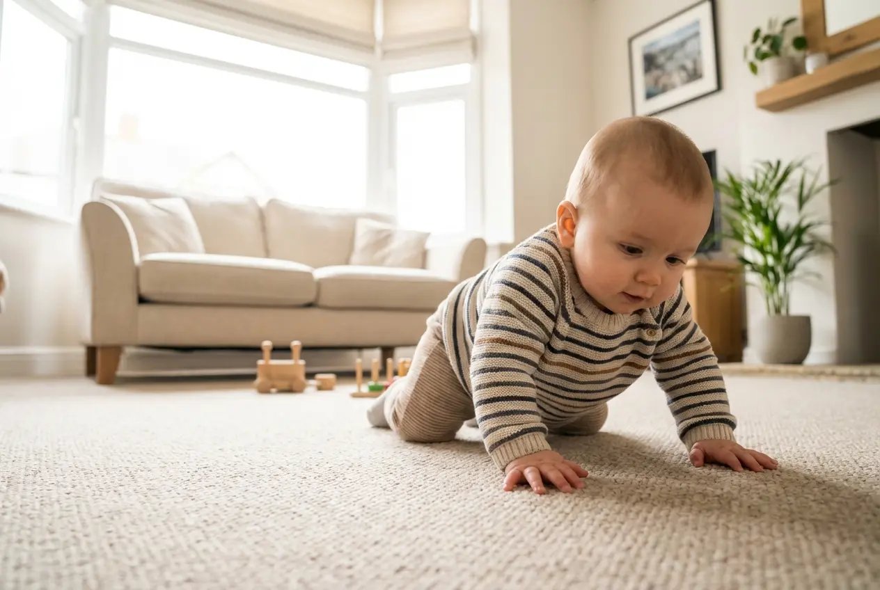 Baby crawling on carpet