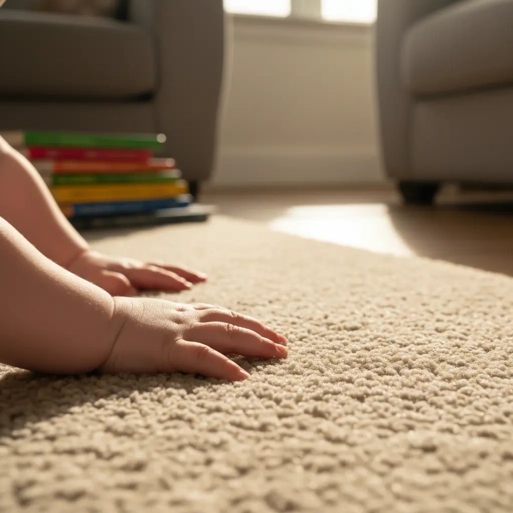 Baby's hands pressing on household carpet in a warm UK living room
