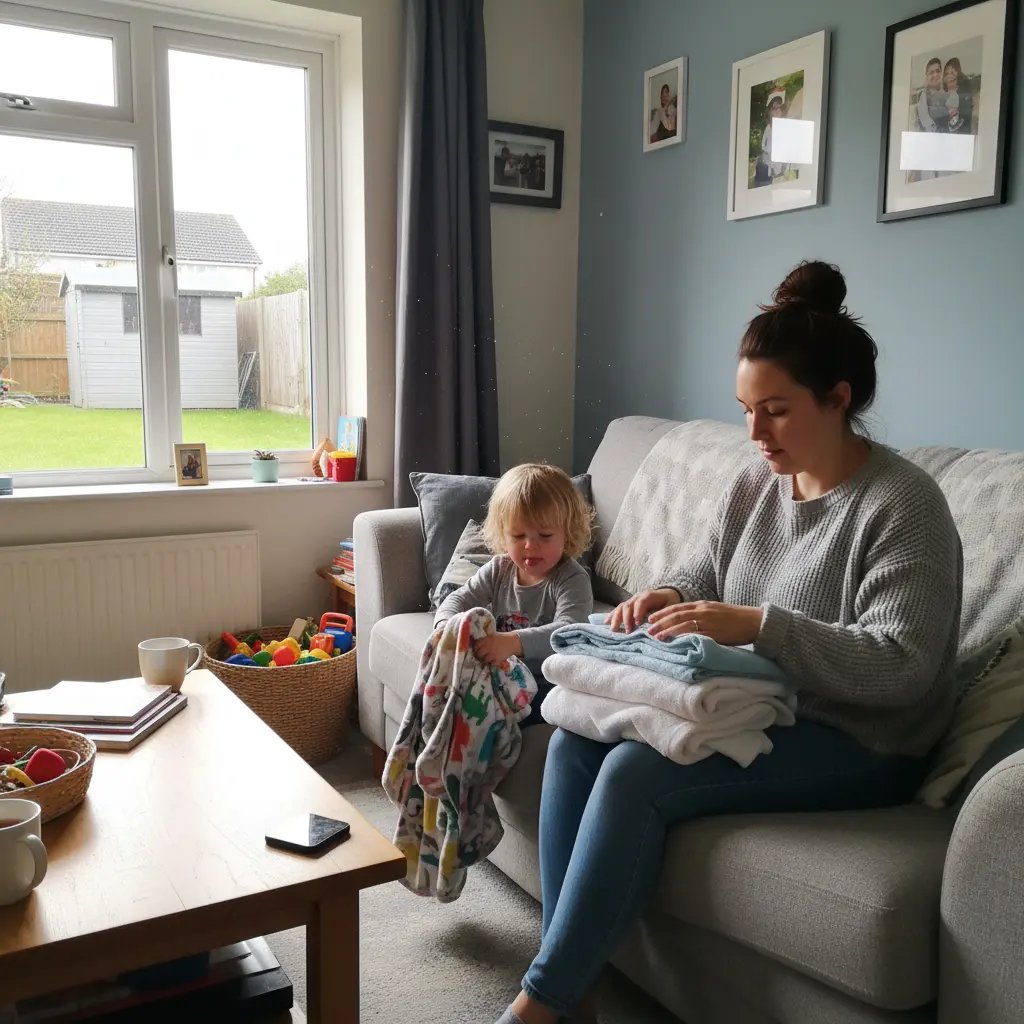 Parent folding clean laundry with child nearby in a warm home setting