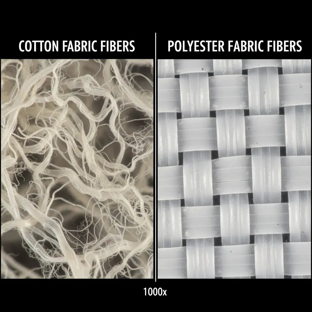 Split-screen comparison of cotton fibers vs polyester fibers under magnification