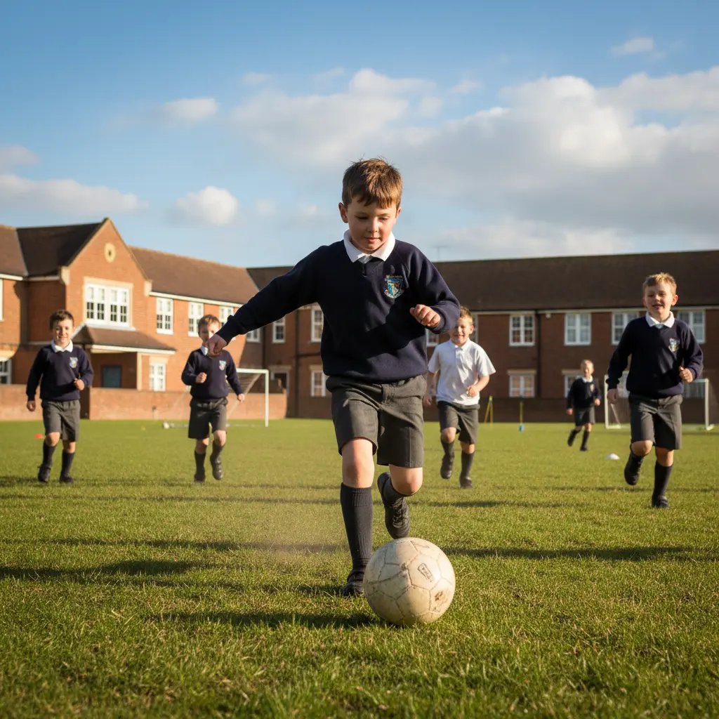 Child running and playing actively in school uniform