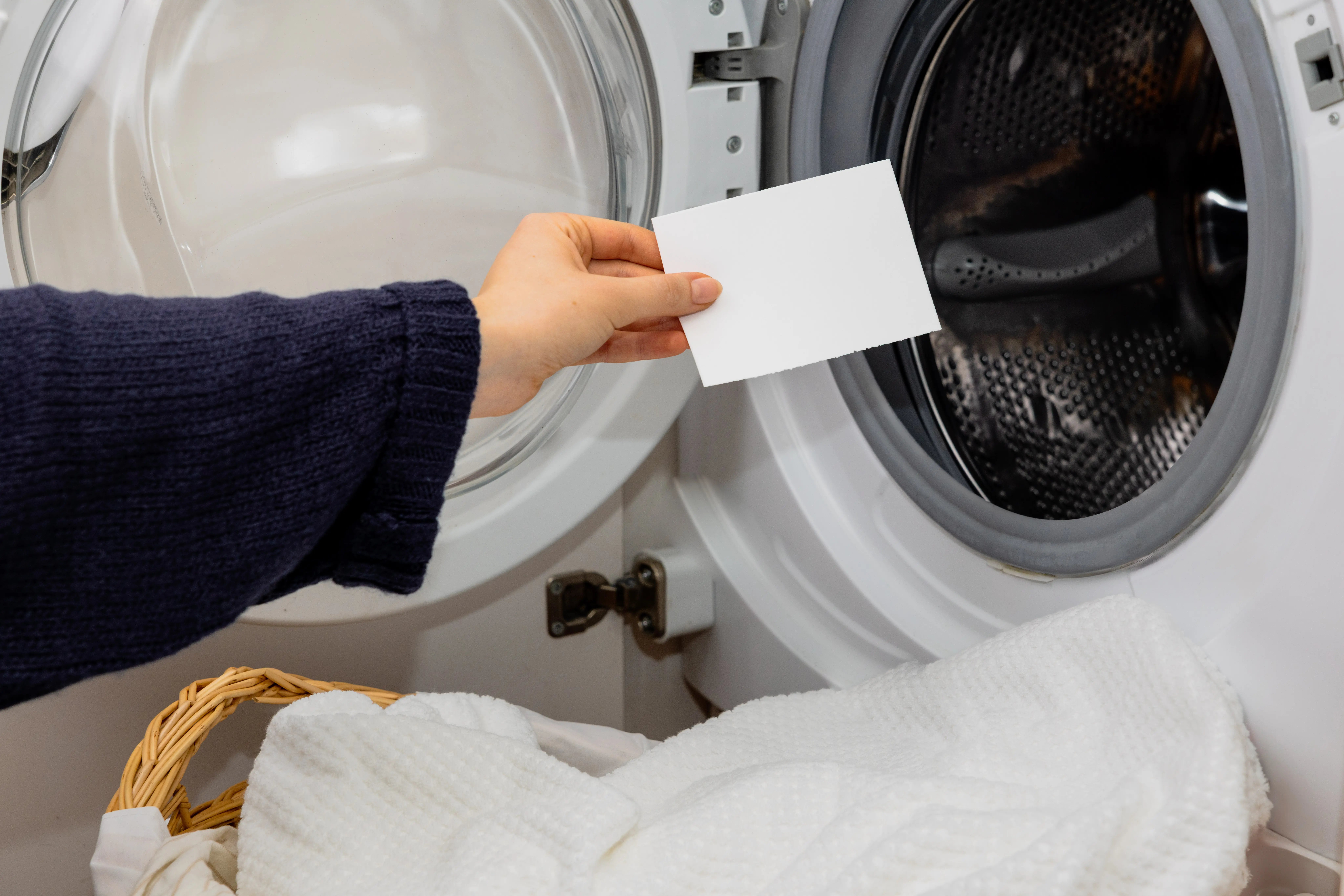 Hand dropping a Dip laundry sheet into washing machine drum