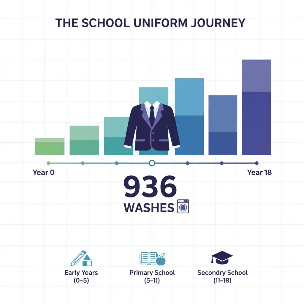 Infographic showing 936 washes over 18 years for a school uniform