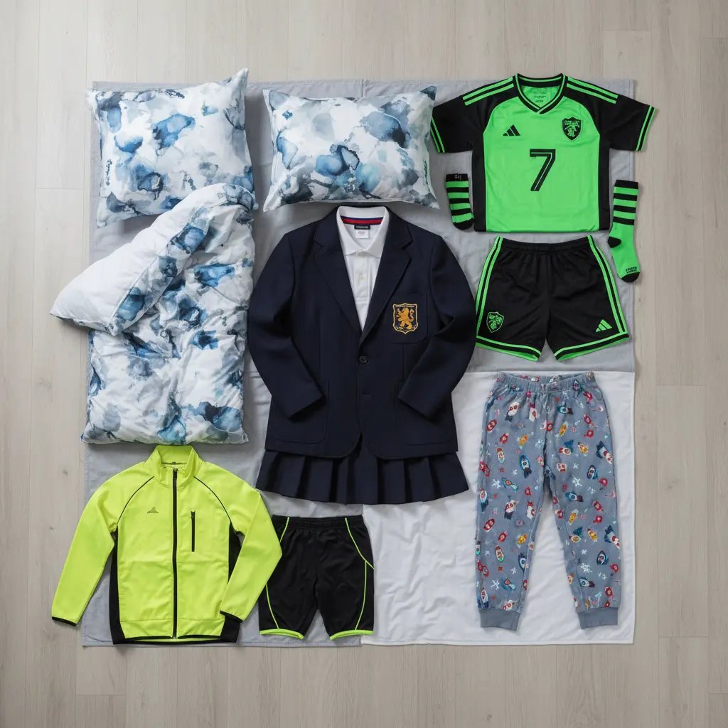 Grid of polyester items - school uniform, sports kit, pyjamas, bedding, athletic wear