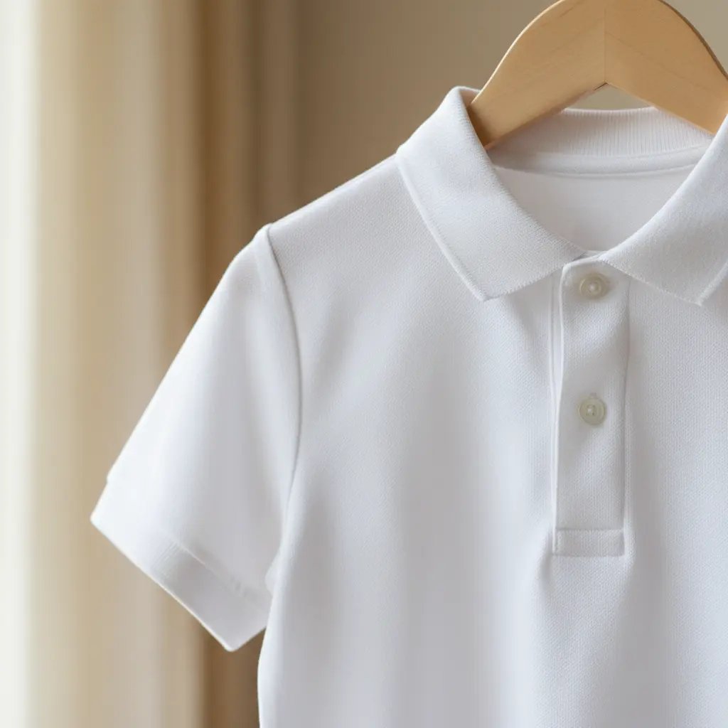 Close-up of a child's school uniform polo shirt showing polyester fabric texture