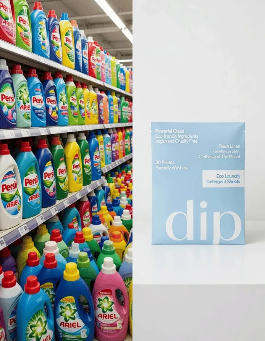 Supermarket shelf of detergent bottles versus single Dip packet