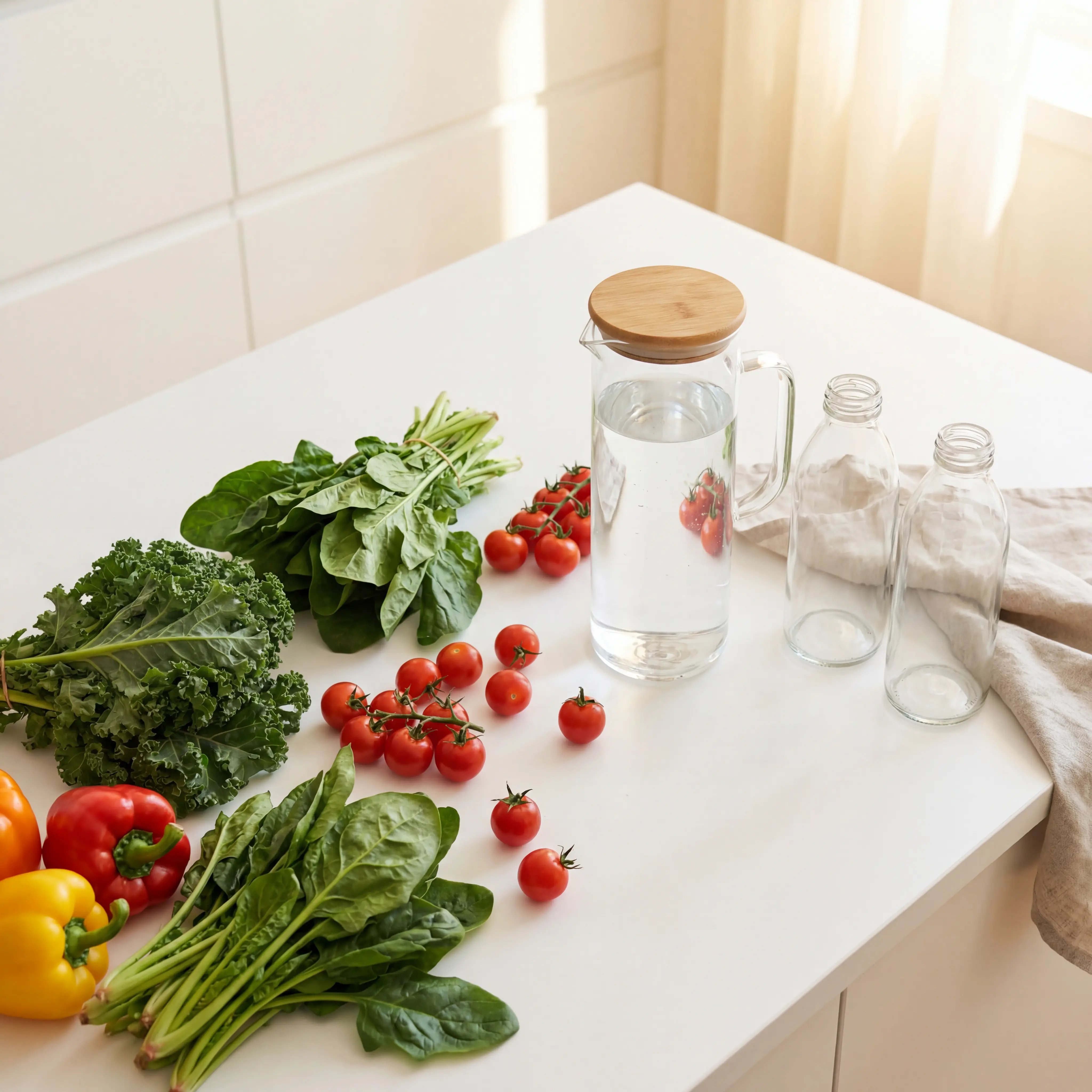 Organic vegetables and natural products on clean kitchen counter