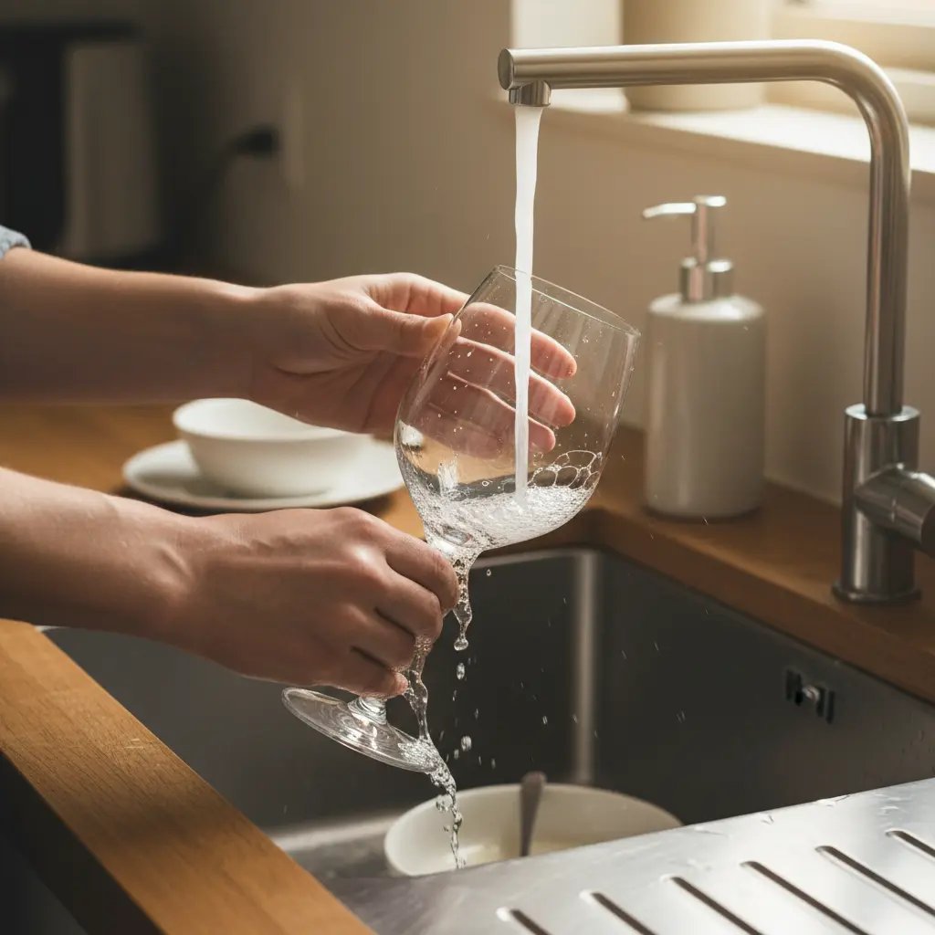 Hands washing a wine glass under tap water with subtle soap film visible