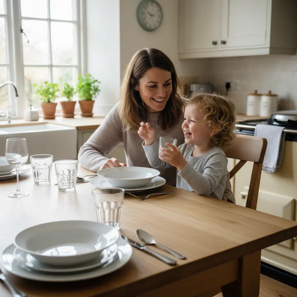 Happy parent and child at kitchen table with clean dishes