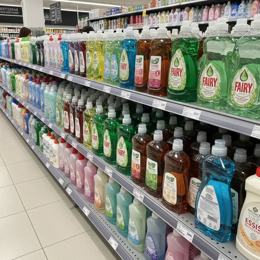 Multiple conventional washing up liquid bottles lined up under kitchen sink