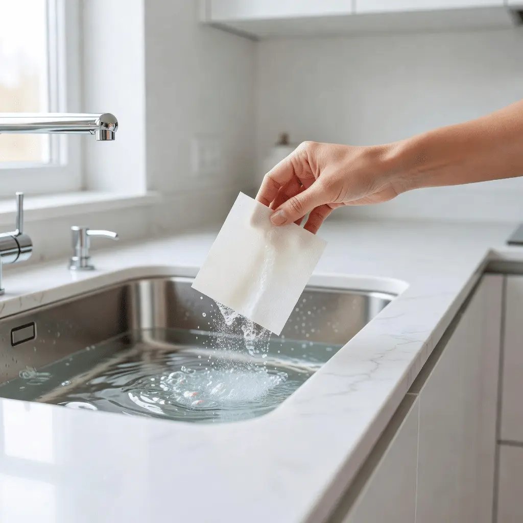 Dip sheet dissolving in basin of warm water