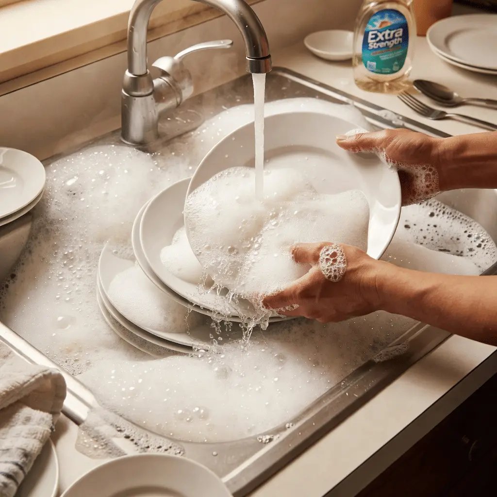 Overhead shot of sink full of soapy dishes with excessive foam