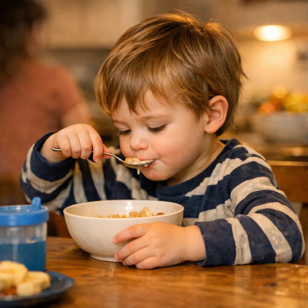 Young child eating from a bowl at kitchen table