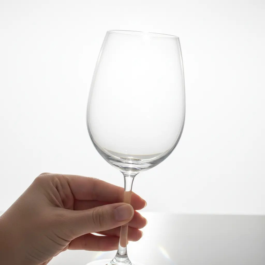 Crystal clear wine glass held up to light, pristine and sparkling